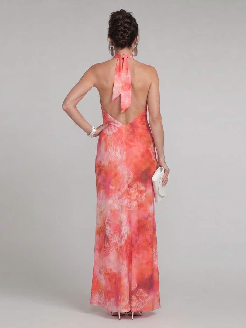 Orange Halter Neck Sleeveless Tie-Dye Print Backless Column Maxi Dress 4