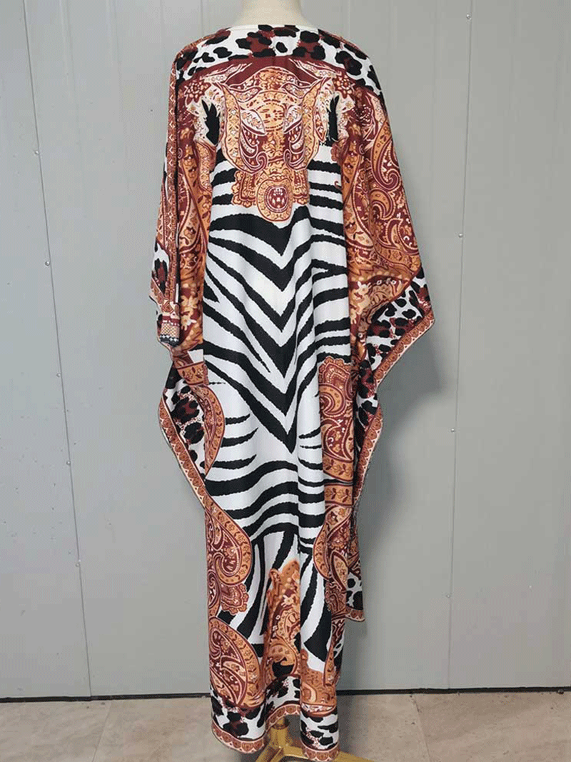 Multicolor Split Neck Zebra Paisley Print Batwing Sleeve Kaftan Maxi Dress 2