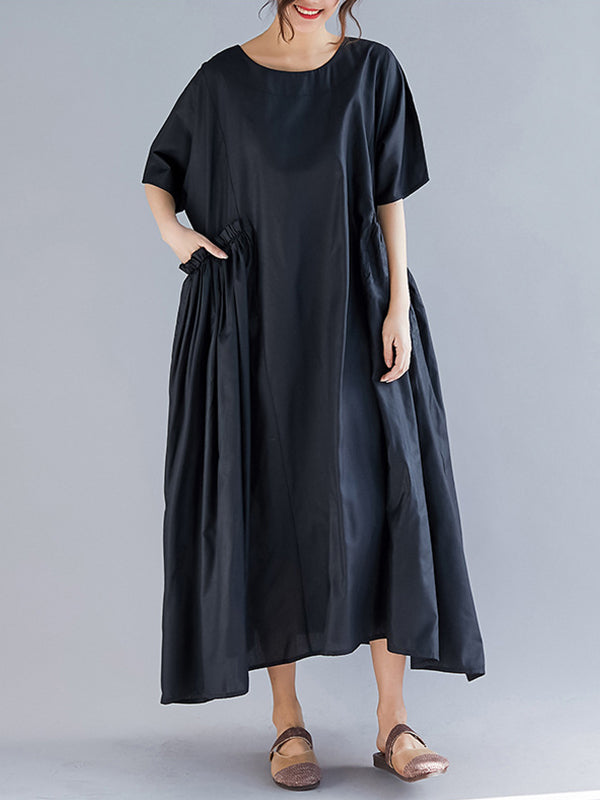 Black Round Neck Short Sleeve Pleated Pocket Loose A-Line Midi Dress 2