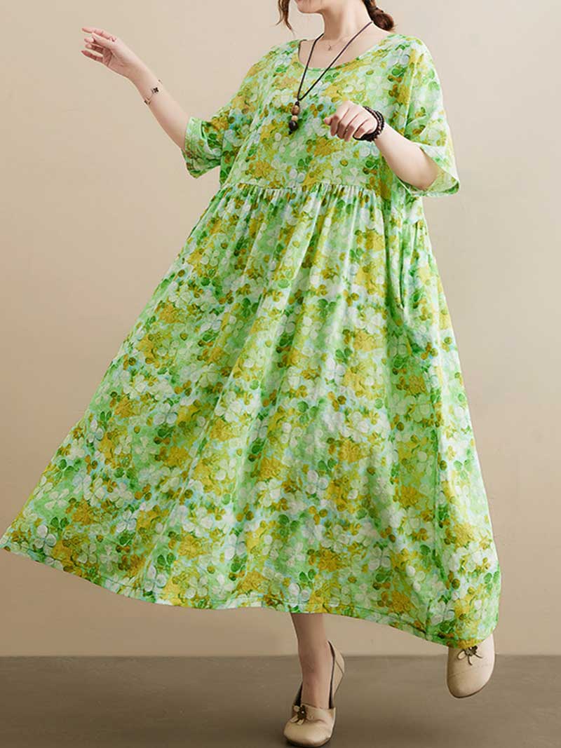Green Round Neck Short Sleeve Ditsy Floral Pleated Smock Maxi Dress 3