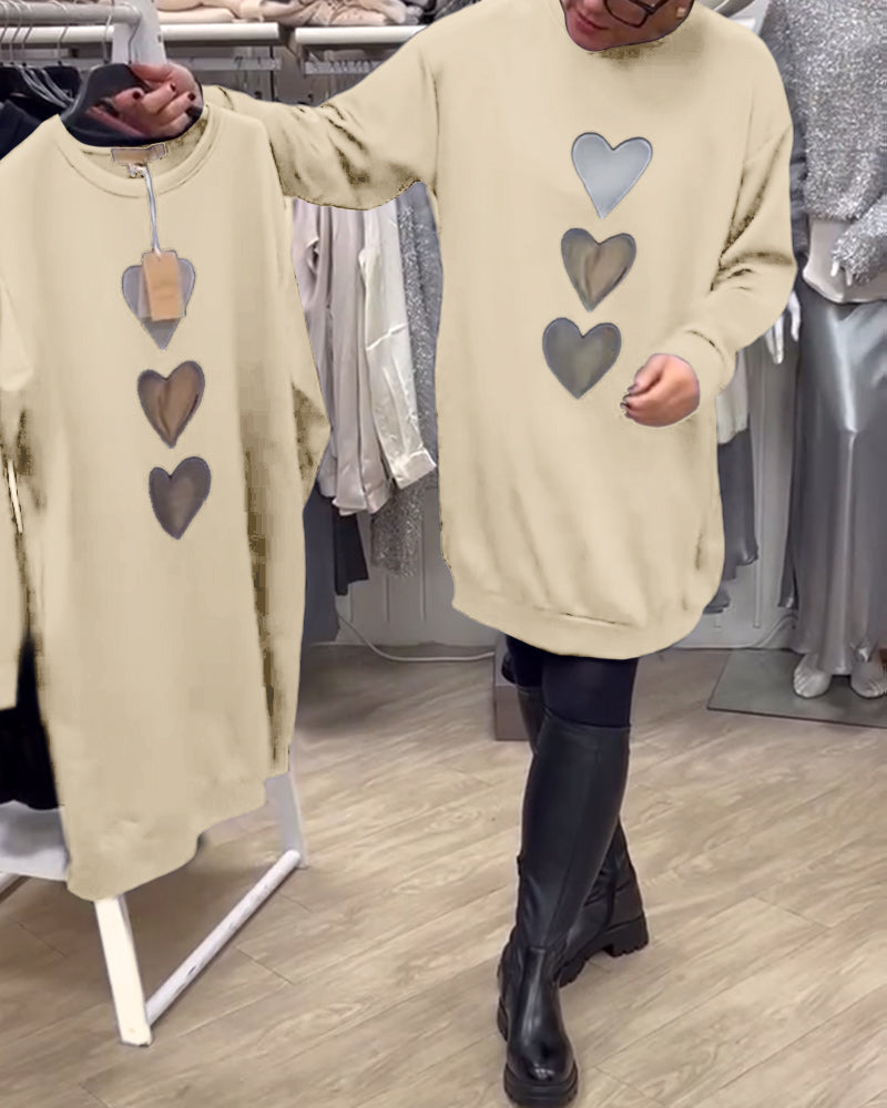 Black Round Neck Heart Print Long Sleeve Sweatshirt Mini Dress