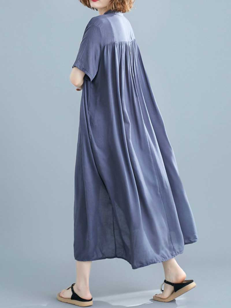 Button Front Short Sleeve Loose Cotton Shirt Maxi Dress 7