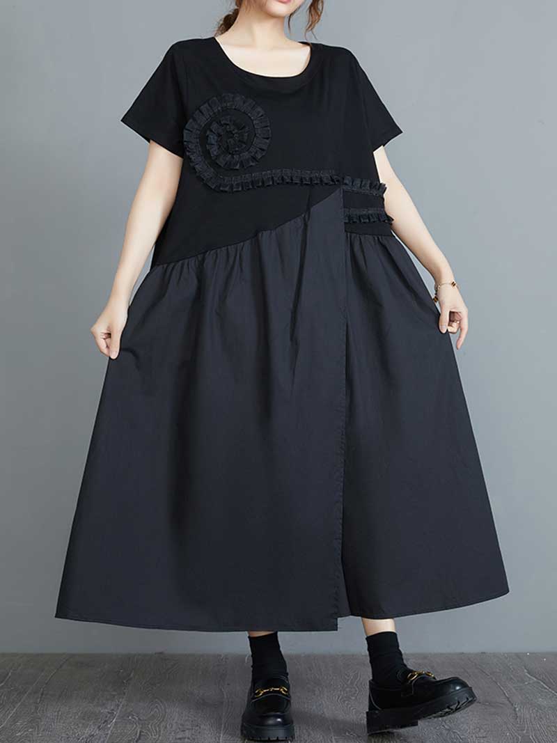 Black Round Neck Floral Applique Frill Trim Short Sleeve Swing Midi Dress 3