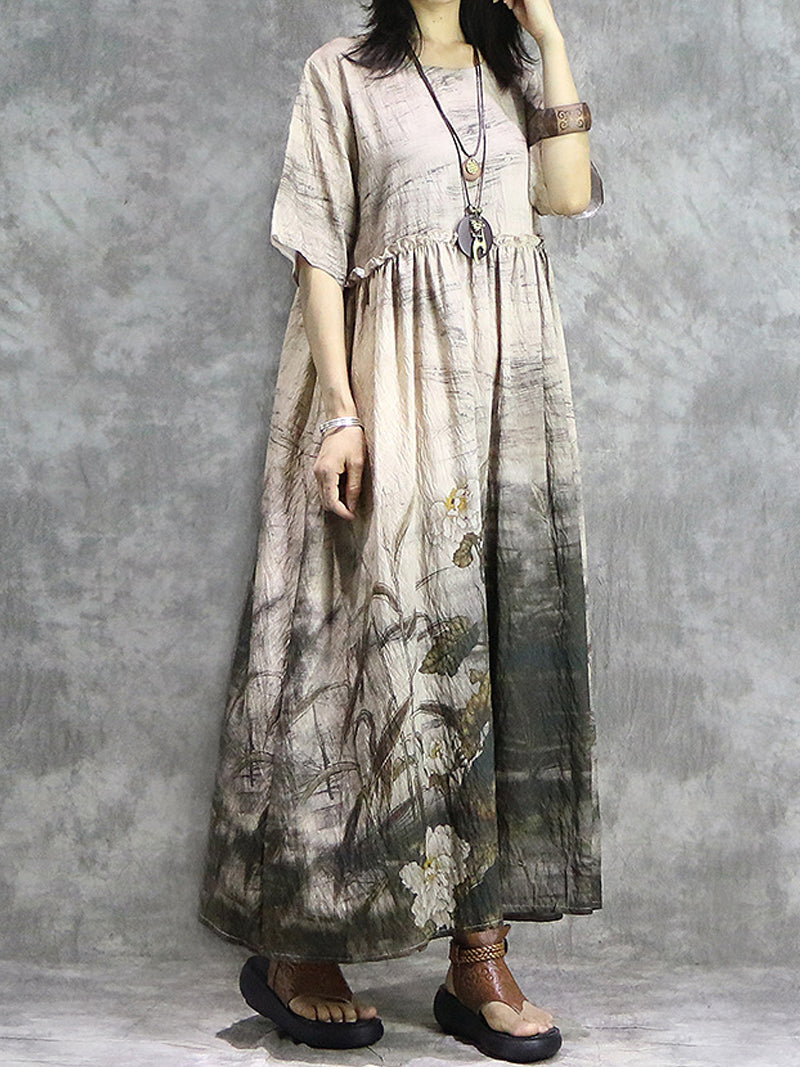 Light Coffee Round Neck Ink Floral Short Sleeve Empire Waist Maxi Dress 4