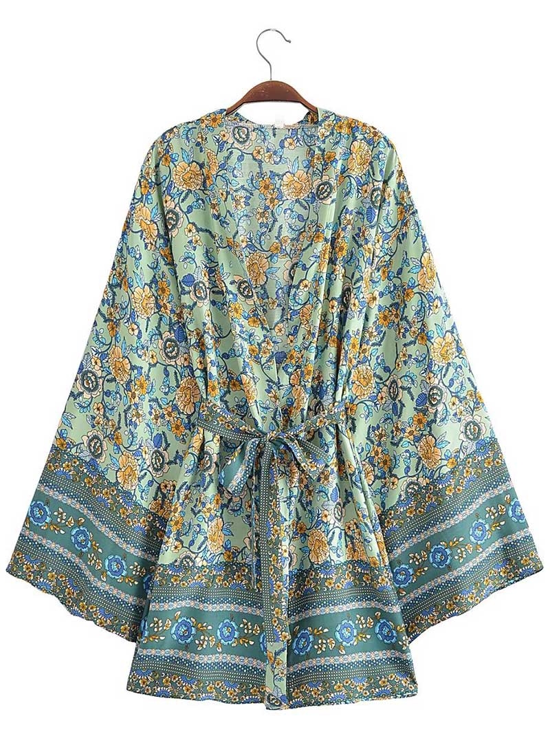Ditsy Floral Border Print Belted Open-Front Short Kimono 2