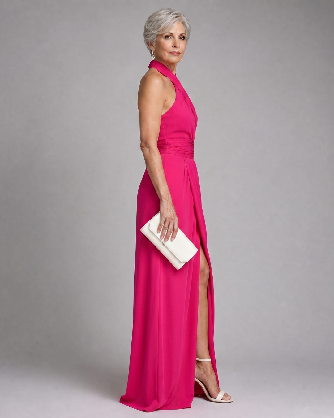 Cross Halter Ruched Waist High Slit Draped Maxi Gown 2