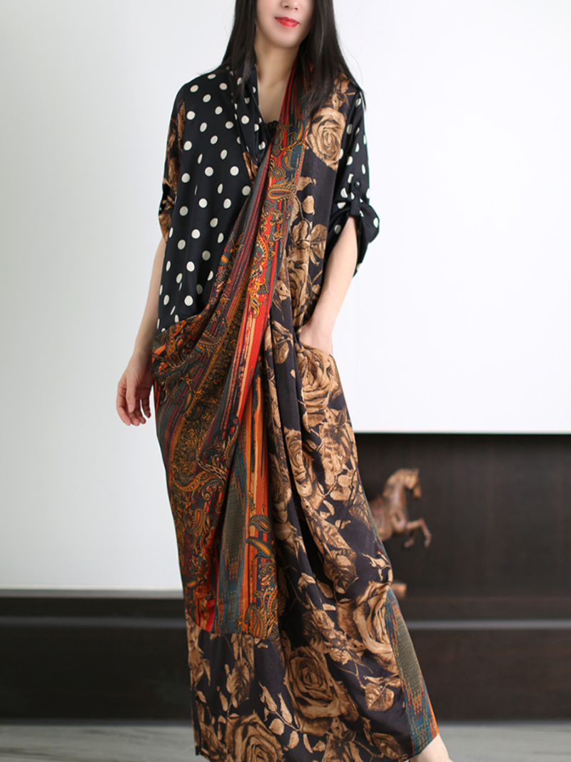 Multi Color Polka Dot Baroque Floral Patchwork Batwing Kaftan Maxi Dress 2