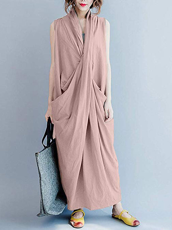 V-Neck Sleeveless Twist Front Draped Loose Cocoon Maxi Dress 3