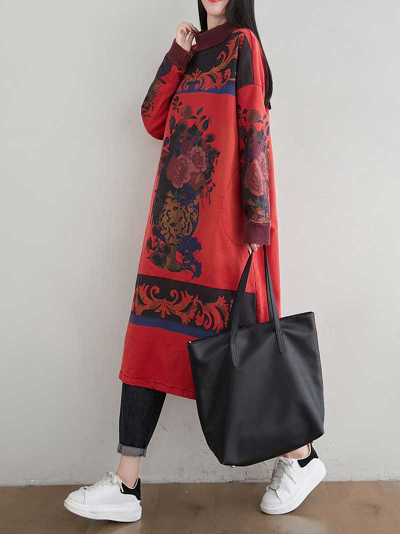 Red High Neck Baroque Floral Print Long Sleeve Loose Sweater Midi Dress 2