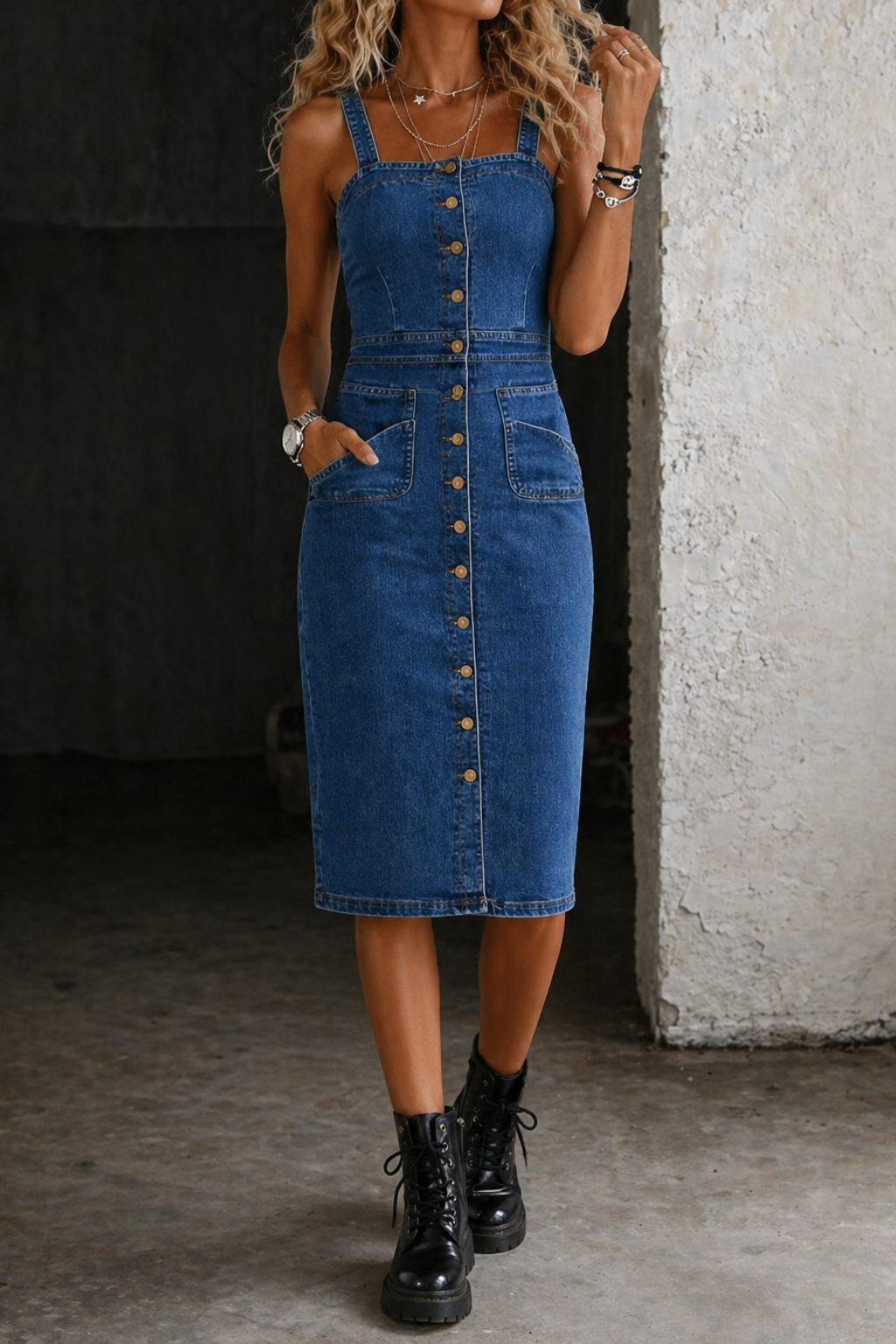 Blue Square Neck Denim Button Front Patch Pocket Bodycon Midi Dress 3