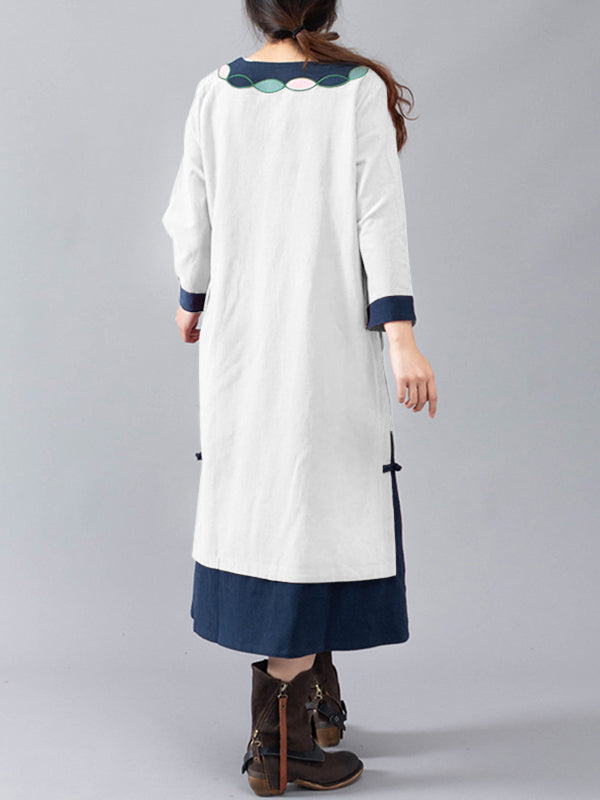 White Round Neck Floral Embroidered Tassel Contrast Trim Linen Midi Dress
