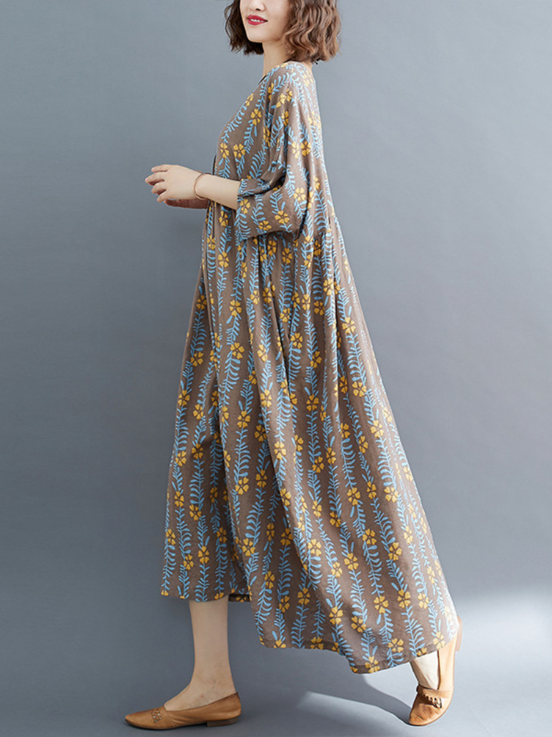 women summer loose round neck print short-sleeved plus size mid-length smocked dress