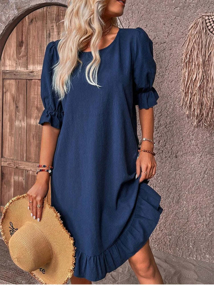 Navy Plain Half Sleeve Mini Dress