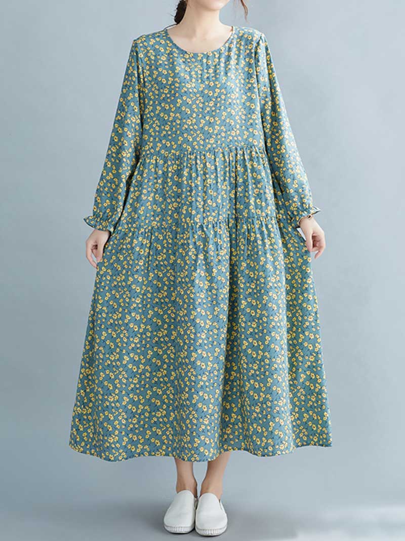 Green Round Neck Long Sleeve Ditsy Floral Print Tiered Midi Dress