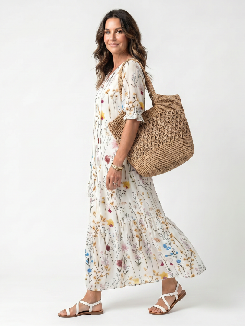 White Tie Neck Floral Print Ruffle Sleeve A-Line Maxi Dress 2