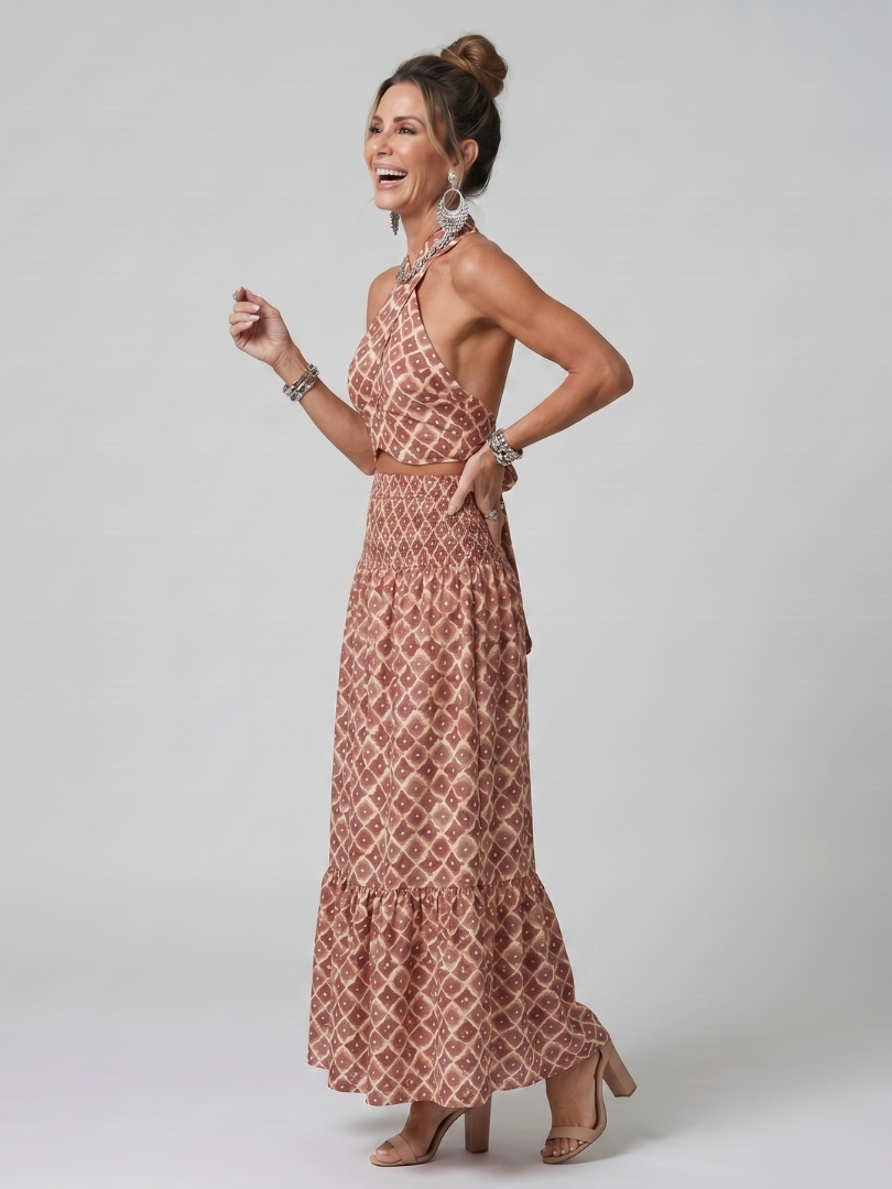 Geometric Halter Neck Geometric Print Waist Cutout Tiered Maxi Dress 2