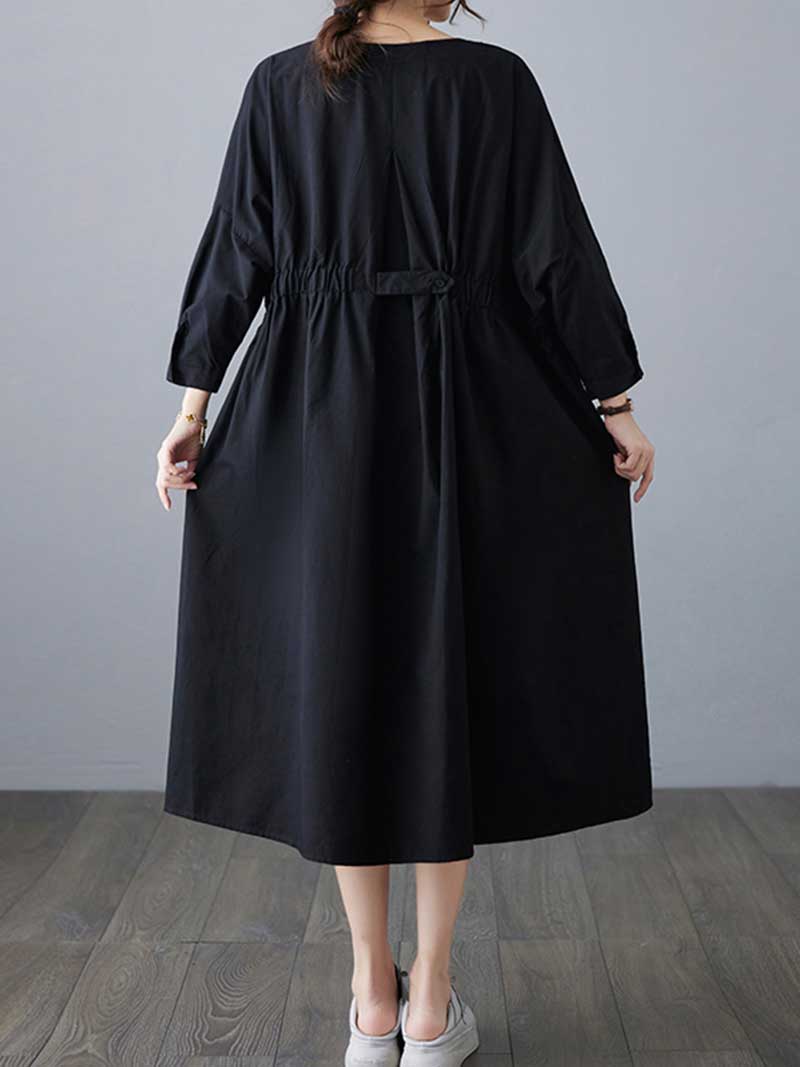 Round Neck Half Sleeve Cinched Waist Pocket Cotton Midi Dress
