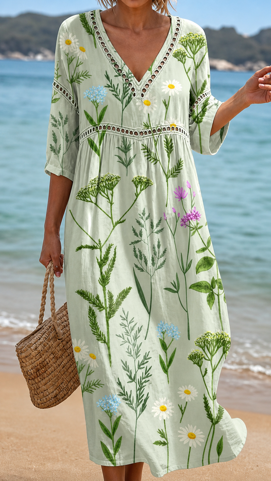 V-Neck Crochet Trim Half Sleeve Wildflower Print Empire Waist Maxi Dress