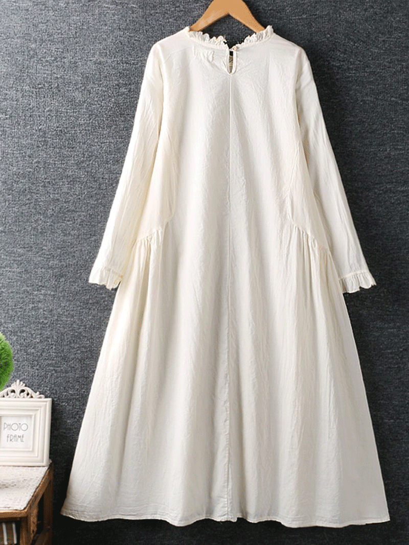 Ruffle Mock Neck Long Sleeve Cotton A-Line Midi Dress