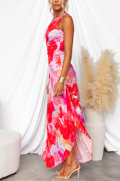 One-Shoulder Floral Print Pleated Ruched Waist Maxi Dress