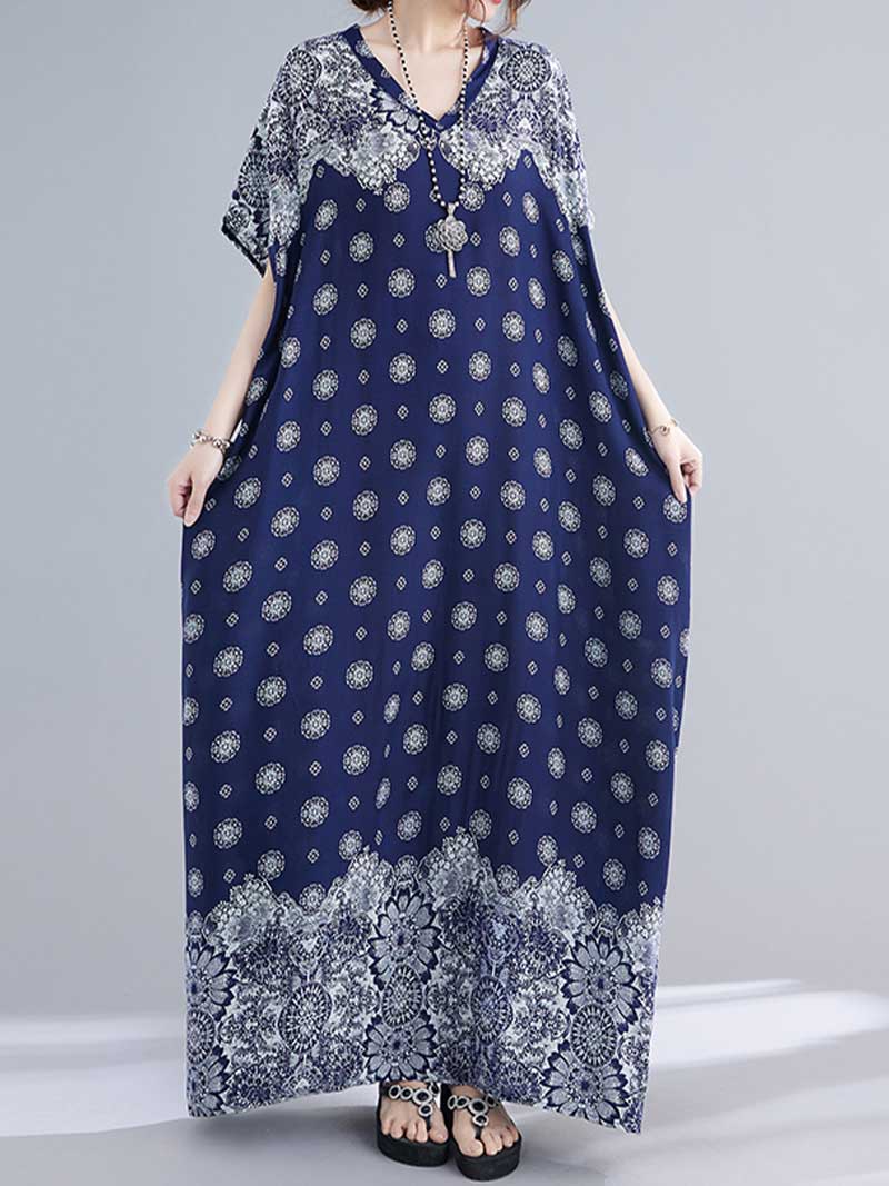 Blue V-Neck Short Sleeve Medallion Print Loose Kaftan Maxi Dress