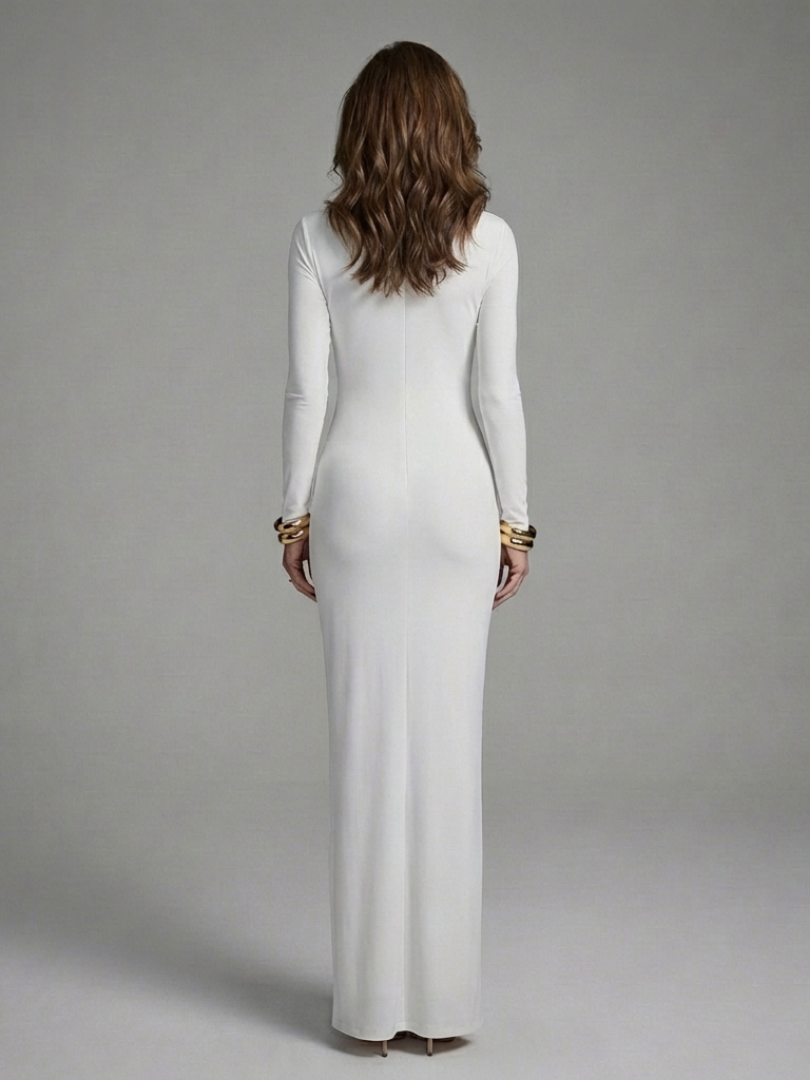 White Round Neck Long Sleeve Keyhole Cutout Ring Bodycon Maxi Gown 3
