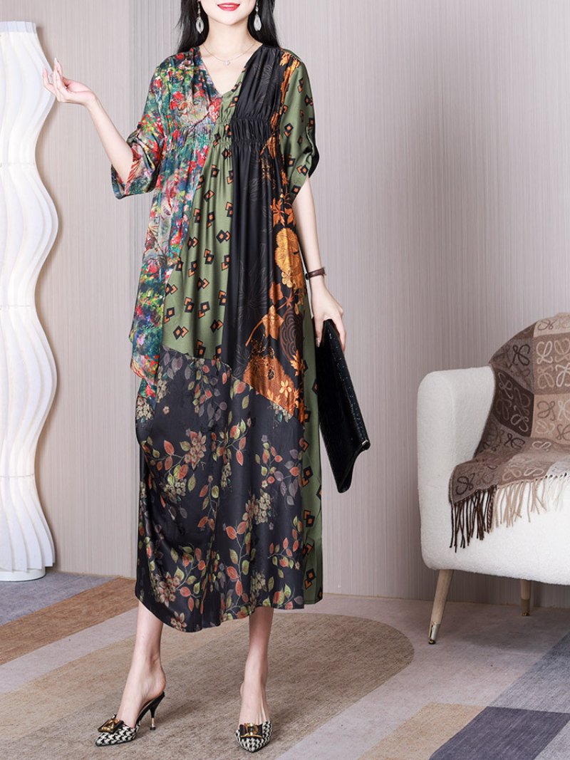 Multi Color V-Neck Short Sleeve Floral Patchwork Ruched Waist Loose Midi Dress