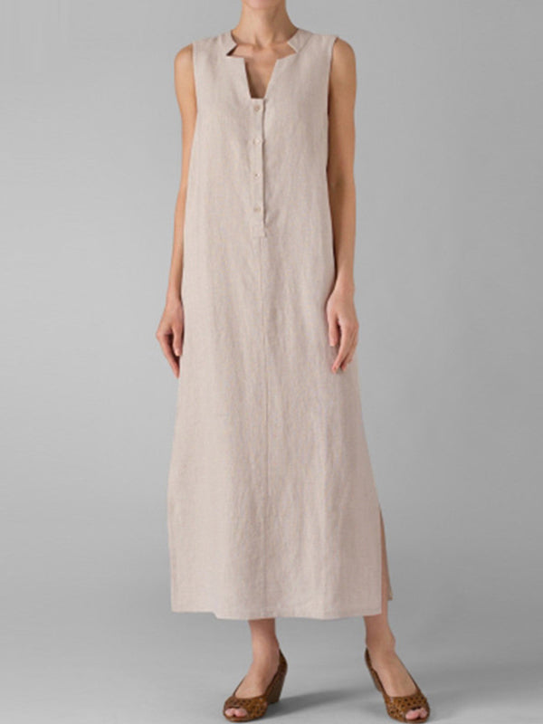 V-Neck Half Button Sleeveless Side Slit Linen Maxi Dress 3