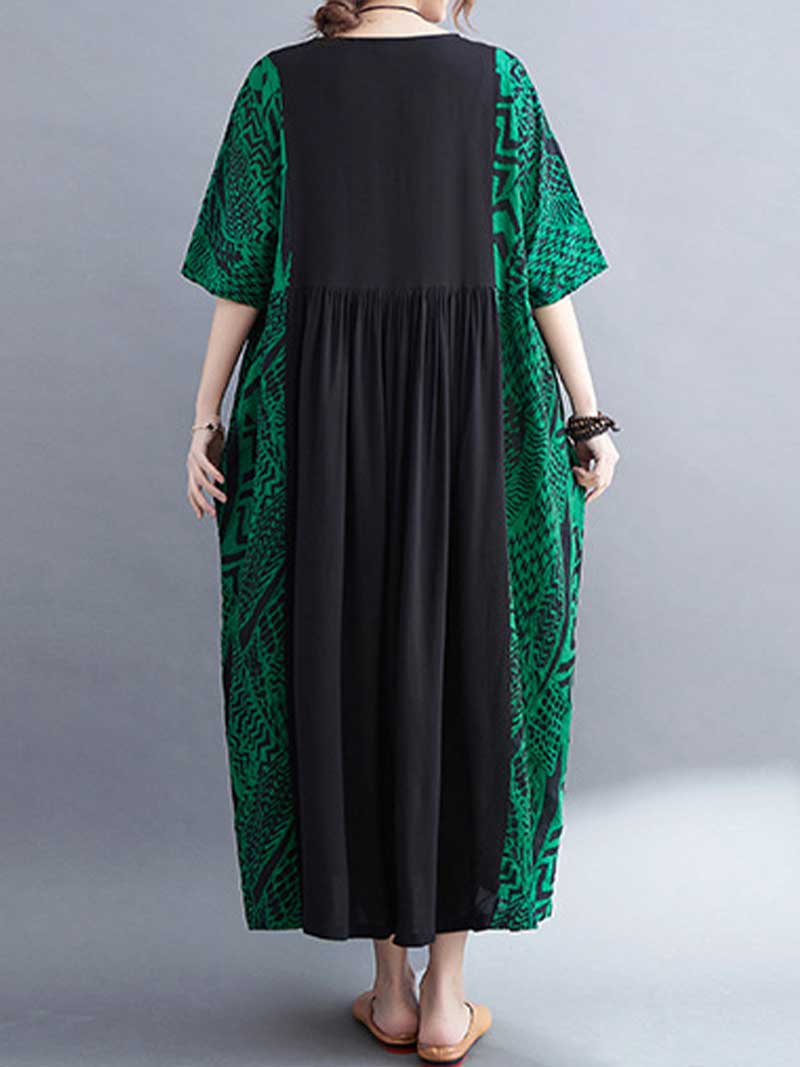 Round Neck Short Sleeve Geometric Print Loose Smock Maxi Dress 3