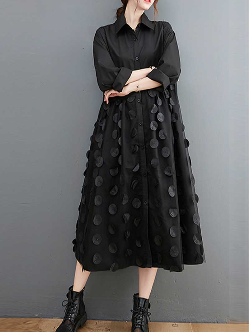 Black Collared Button Front Textured Dot Loose Midi Dress 3