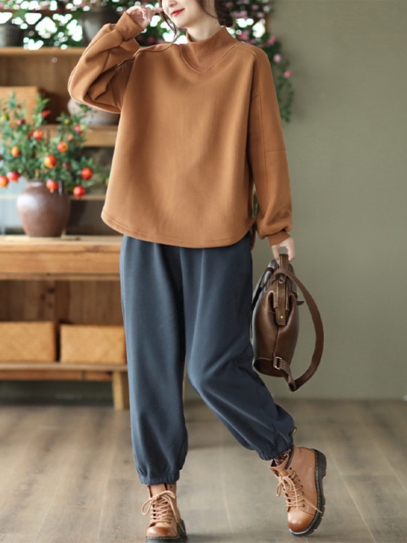 Mock Neck Long Sleeve Fleece Loose Pullover Sweatshirt