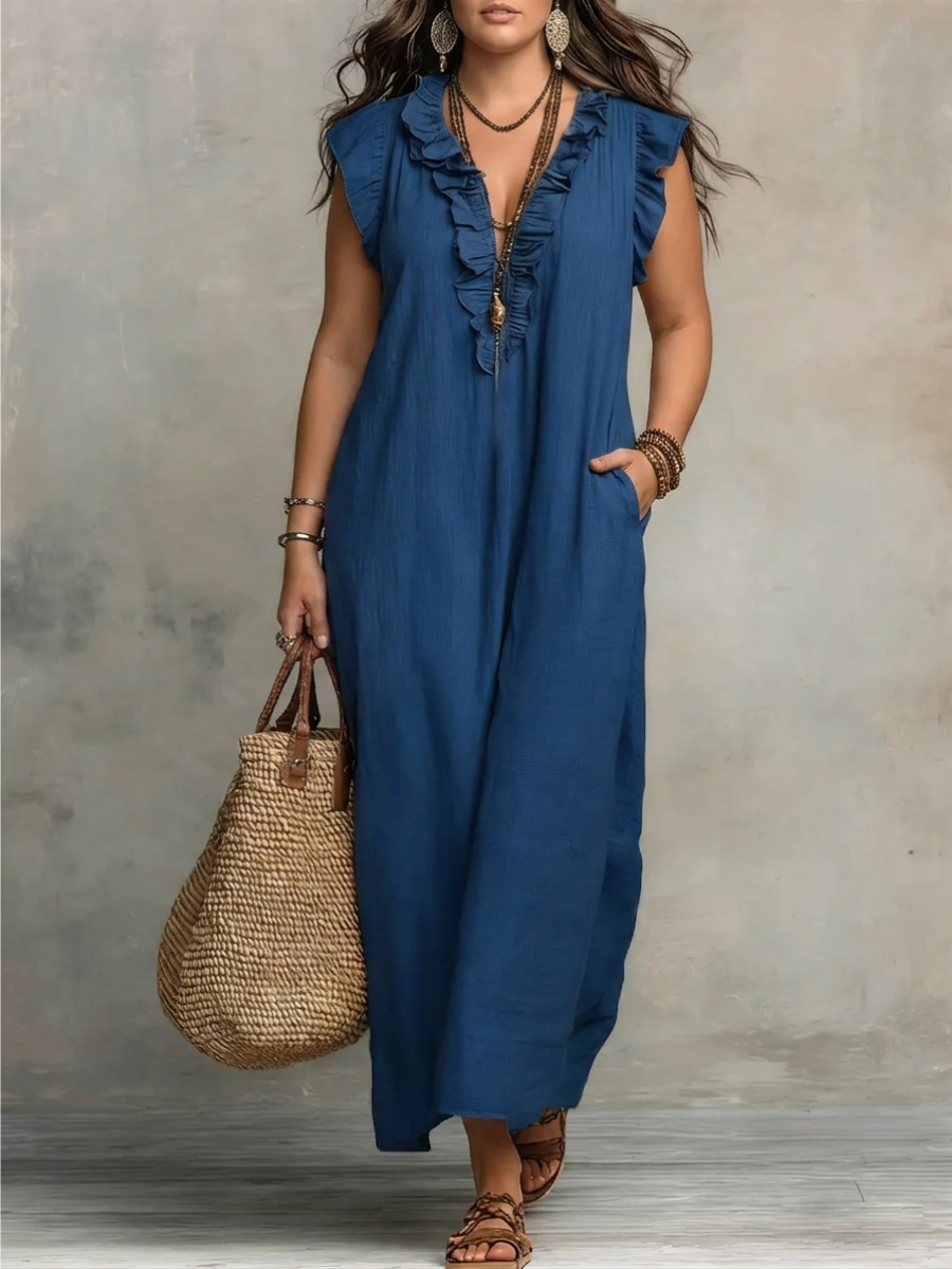 Ruffle V-Neck Flutter Sleeve Linen Relaxed Maxi Dress 6