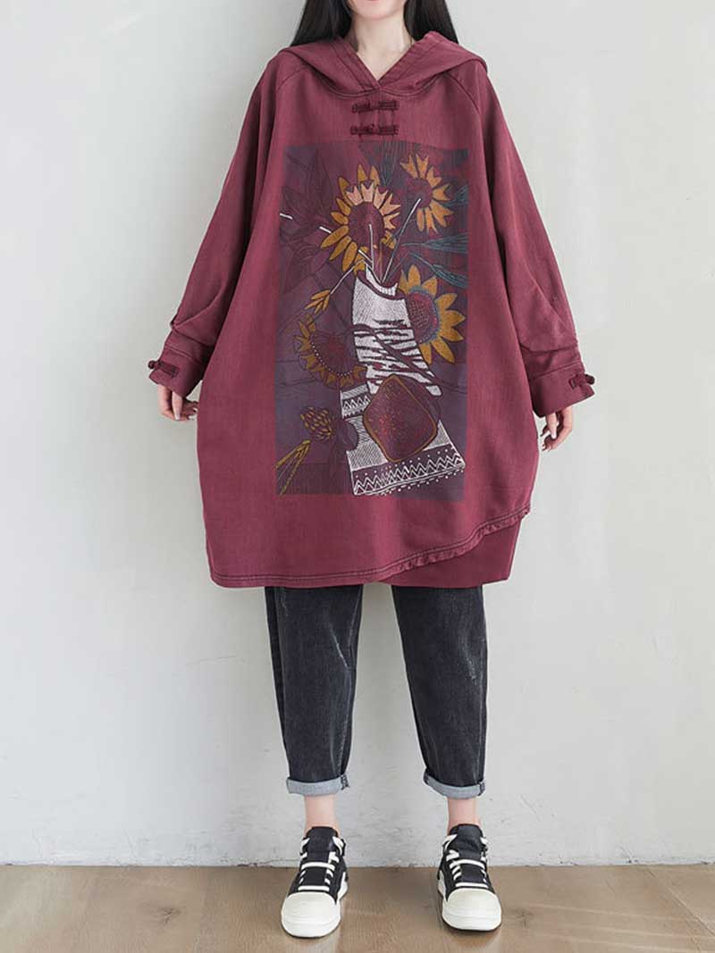 Hooded Floral Graphic Print Longline Sweatshirt Hoodie