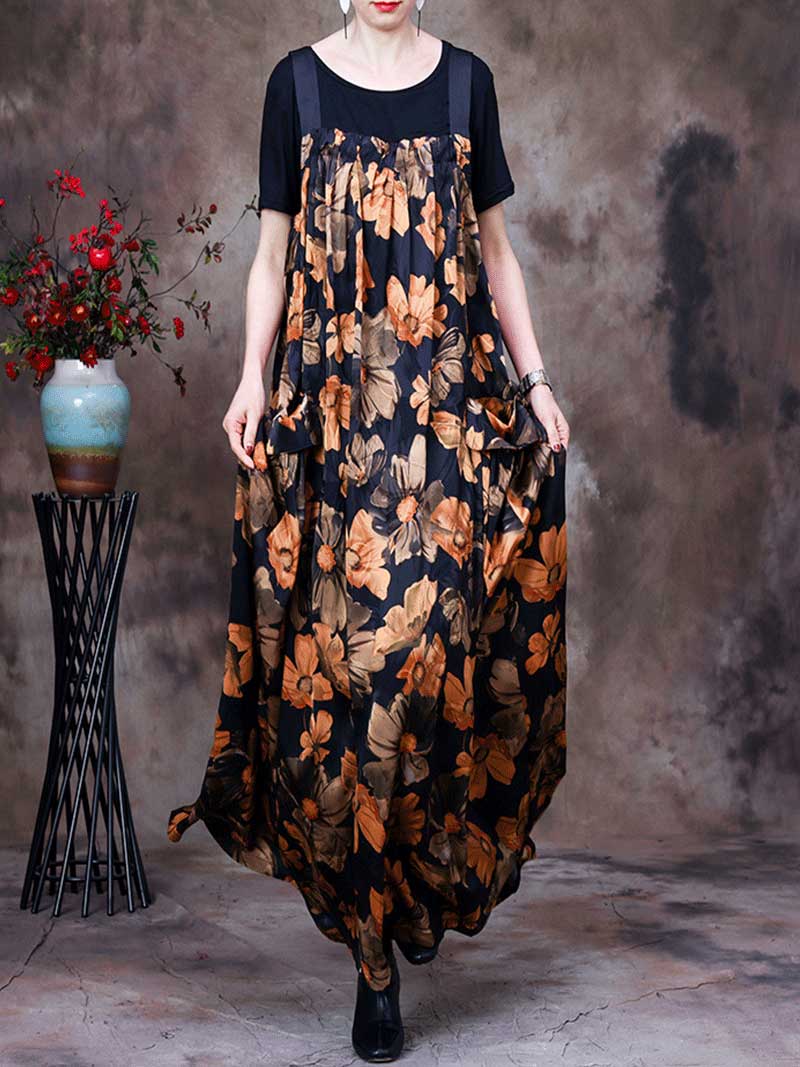 Strap Floral Print Pleated Pocket Loose Pinafore Maxi Dress