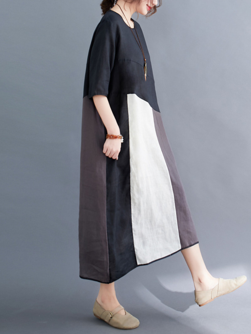 Round Neck Half Sleeve Colorblock Panel Loose Midi Dress 3