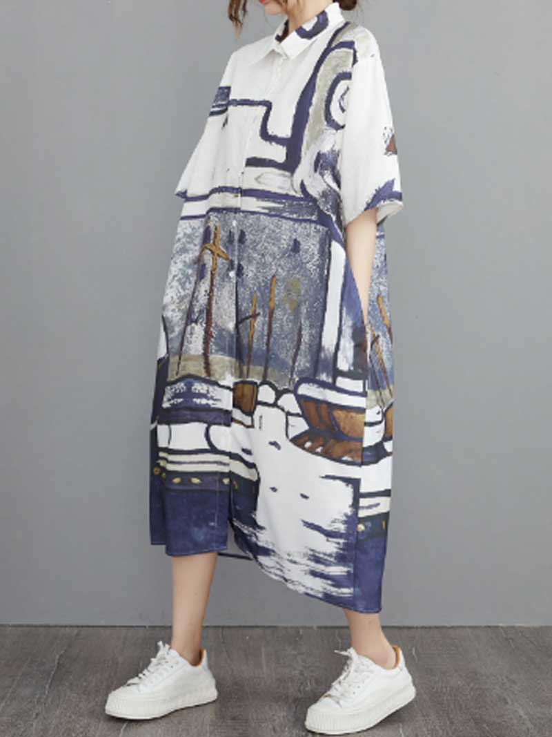 Collared Short Sleeve Abstract Art Print Midi Shirt Dress