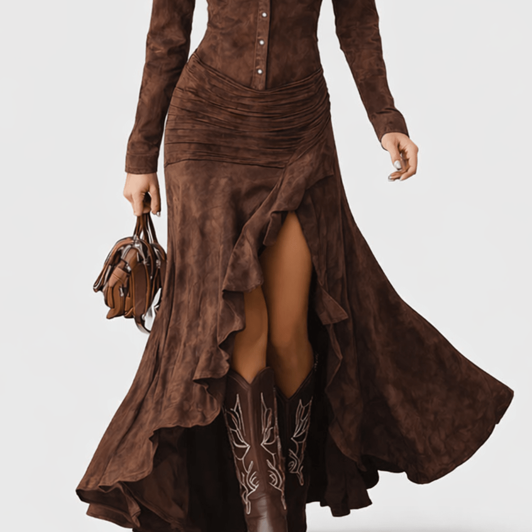 Collared Button Front Suede Ruched Ruffle High Slit Maxi Dress 6