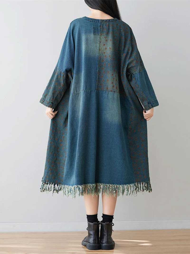V-Neck Patch Pocket Denim Long Sleeve Frayed Tassel Hem Midi Dress 3