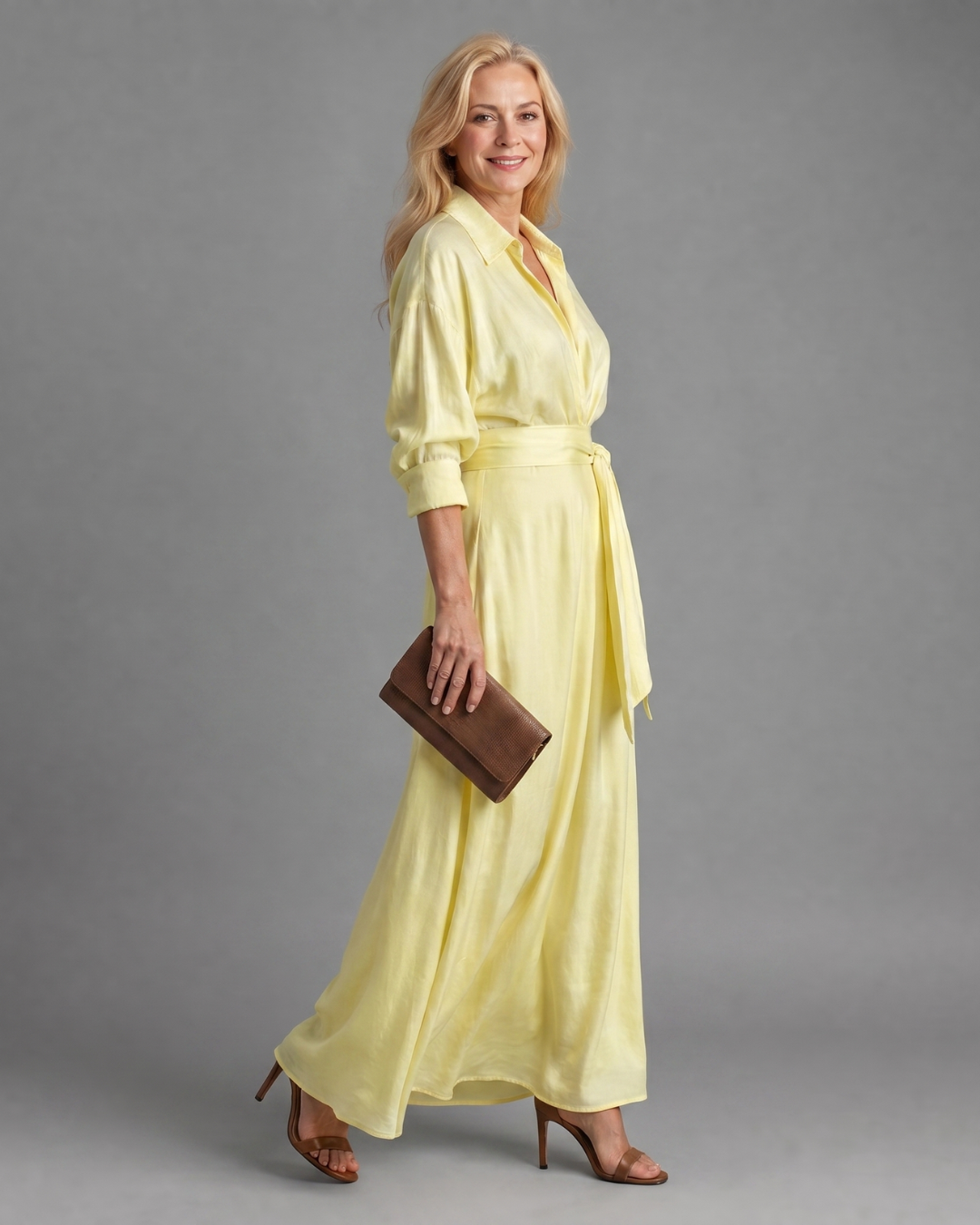 Collared Plunge Satin Long Sleeve Tie Waist Flowing Maxi Dress 3