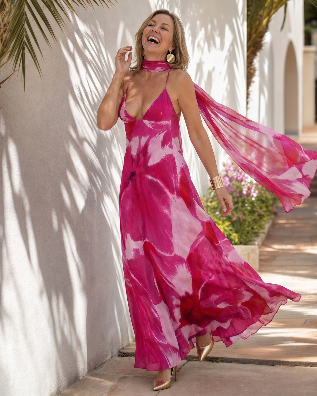 Pink Spaghetti Strap V-Neck Watercolor Print Slip Flowy Maxi Dress 3