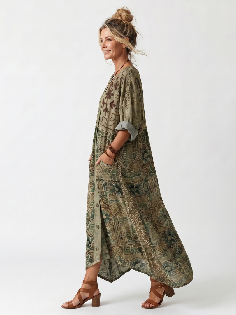 Green V-Neck Button Front Contrast Panel Embroidered Pocket Maxi Dress 2