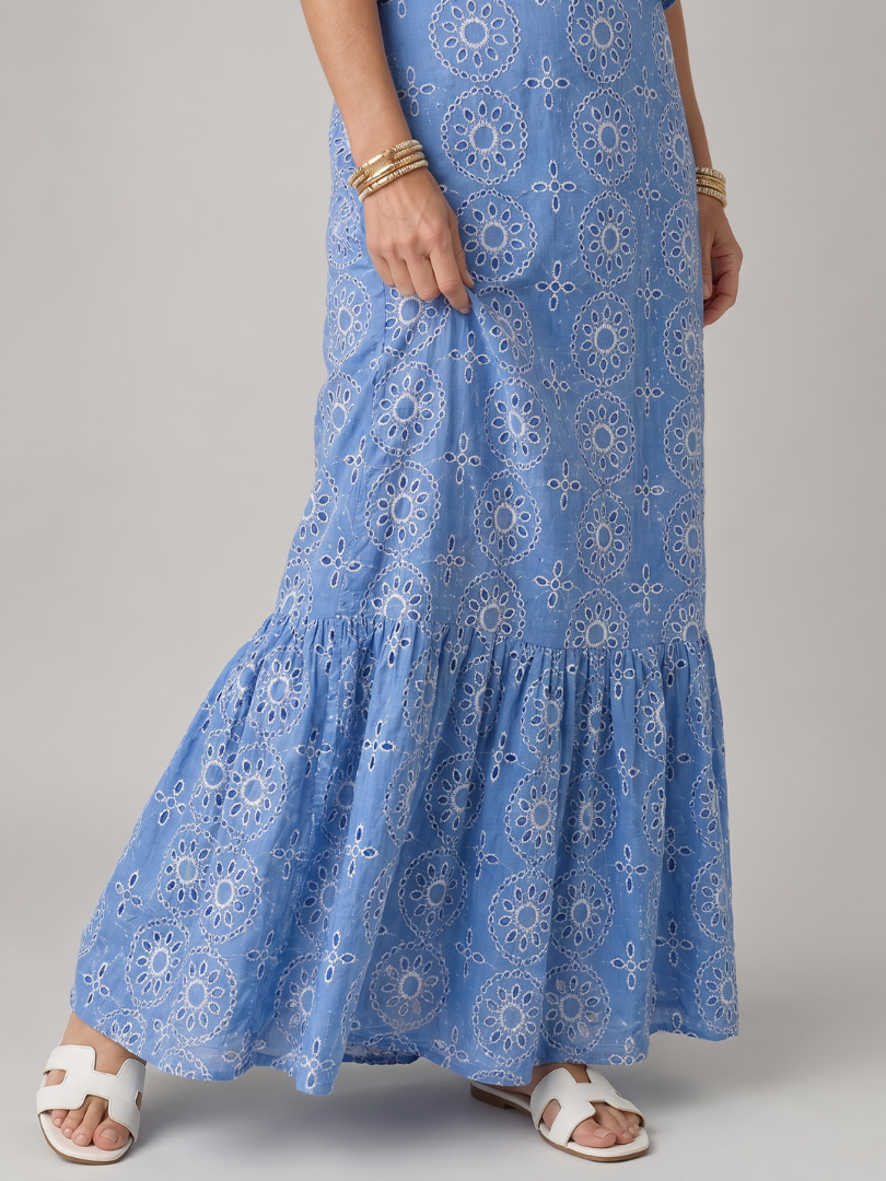 Sky Blue V-Neck Ruffle Flutter Sleeve Eyelet Embroidery Cutout A-Line Maxi Dress