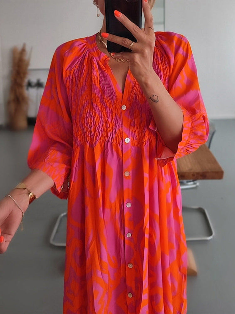 Hot Pink and Orange Print Shirred Button Front Midi Dress