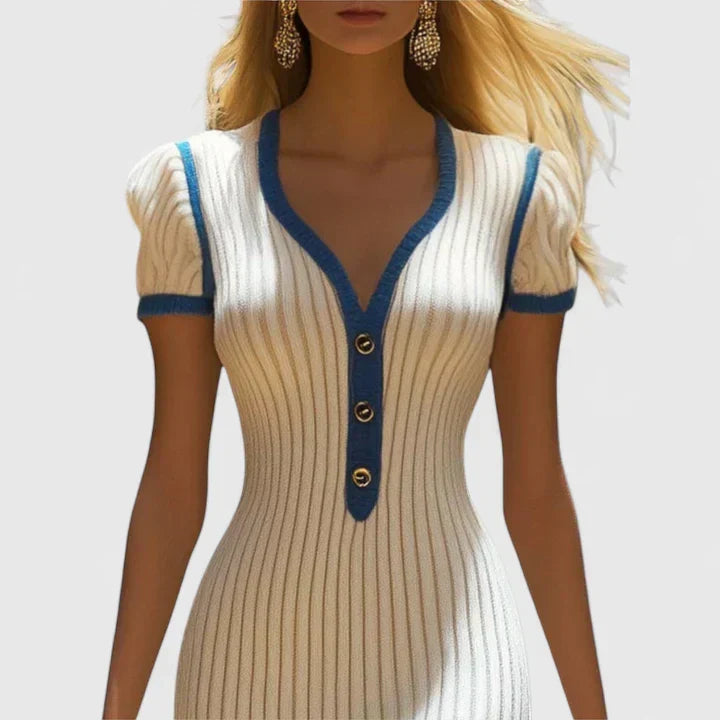 Biege V-Neck Ribbed Knit Buttoned Contrast Trim Bodycon Mini Dress 3