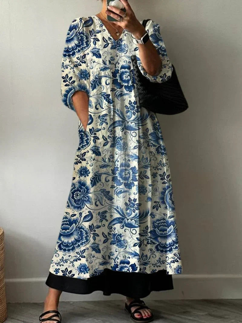 V-Neck Floral Print Half Sleeve A-Line Maxi Dress