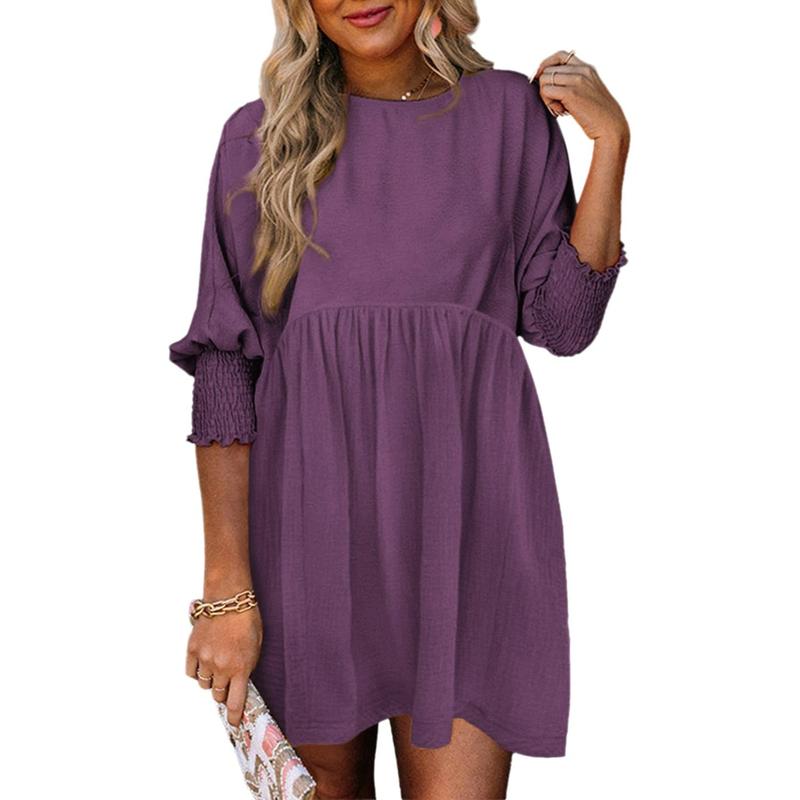 Round Neck Textured Smocked Cuff Sleeve Babydoll Mini Dress