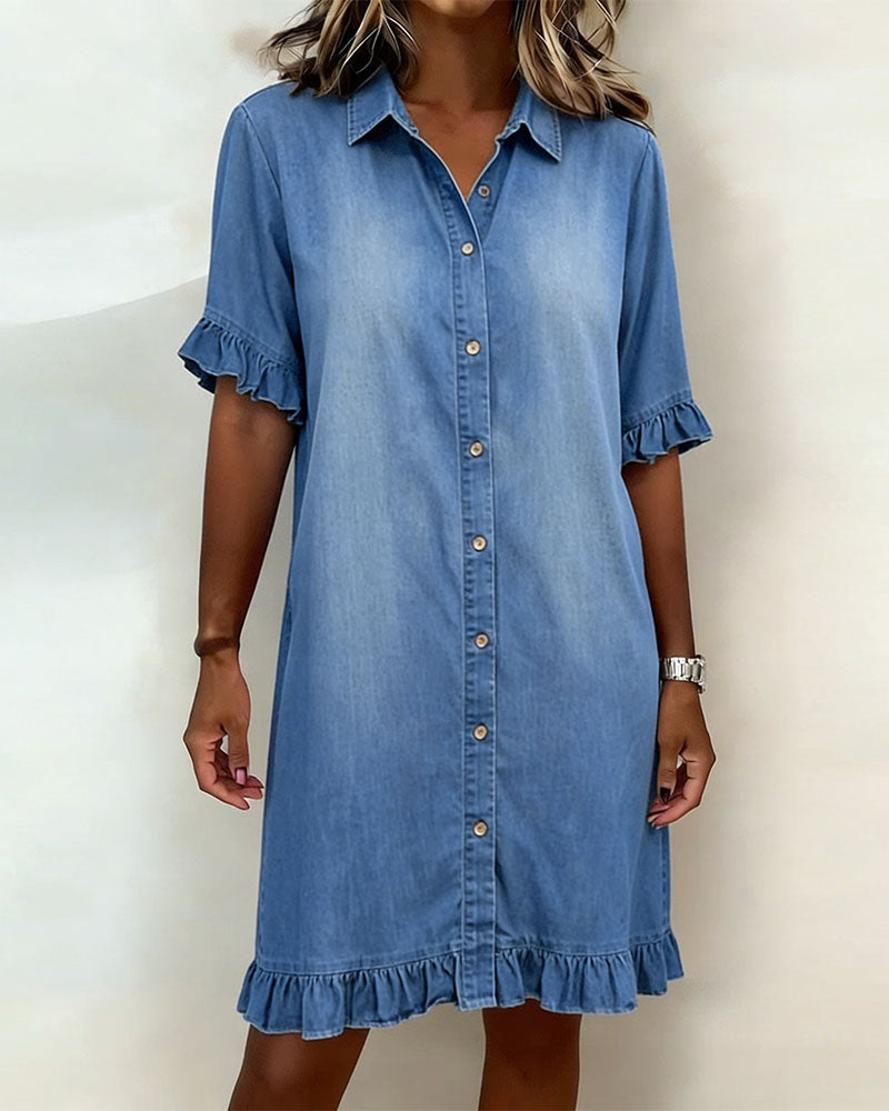 Collared Ruffle Cuff Ruffle Hem Denim Shirt Dress