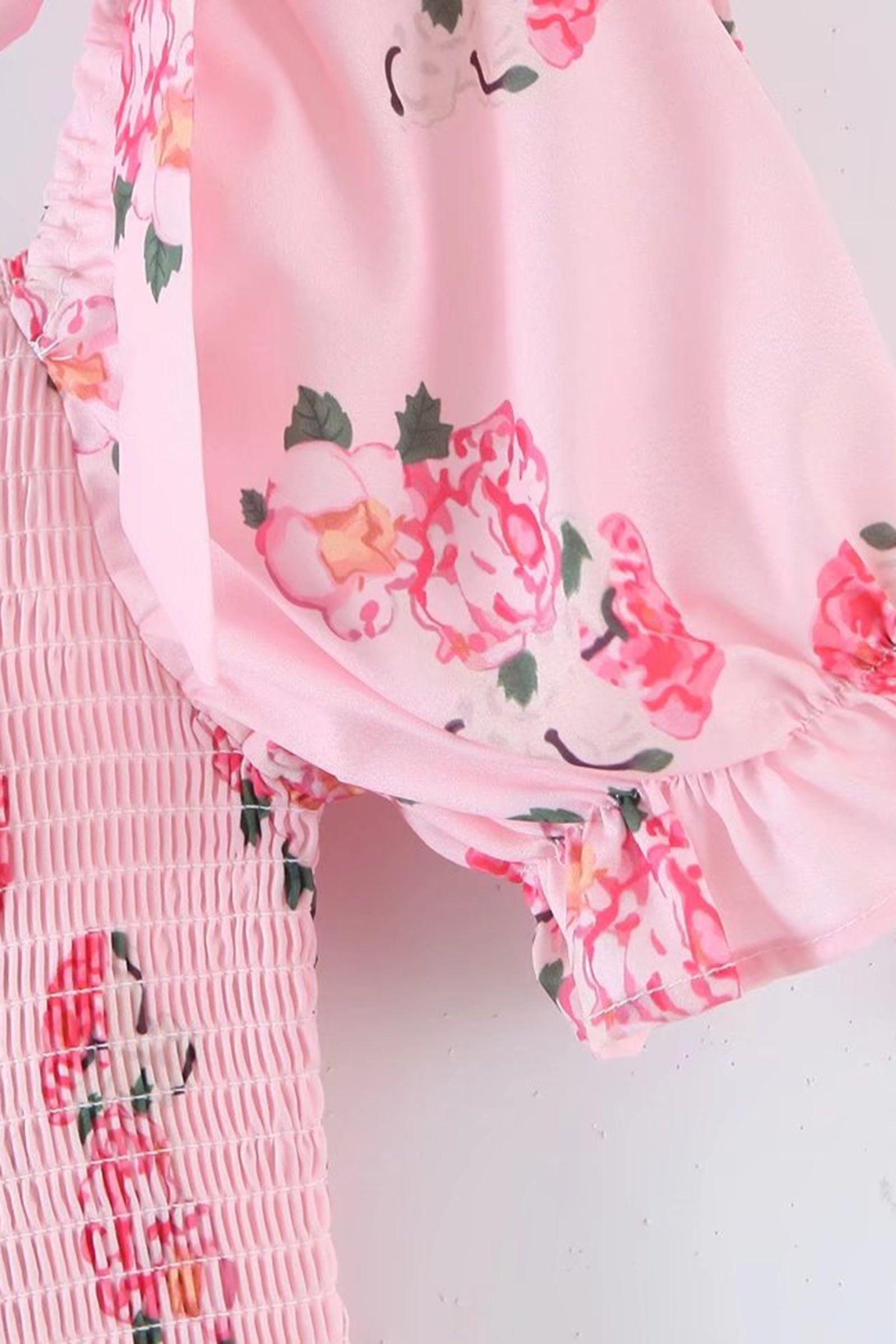 Pink Floral Print Bow-Tie Tiered Mini Dress