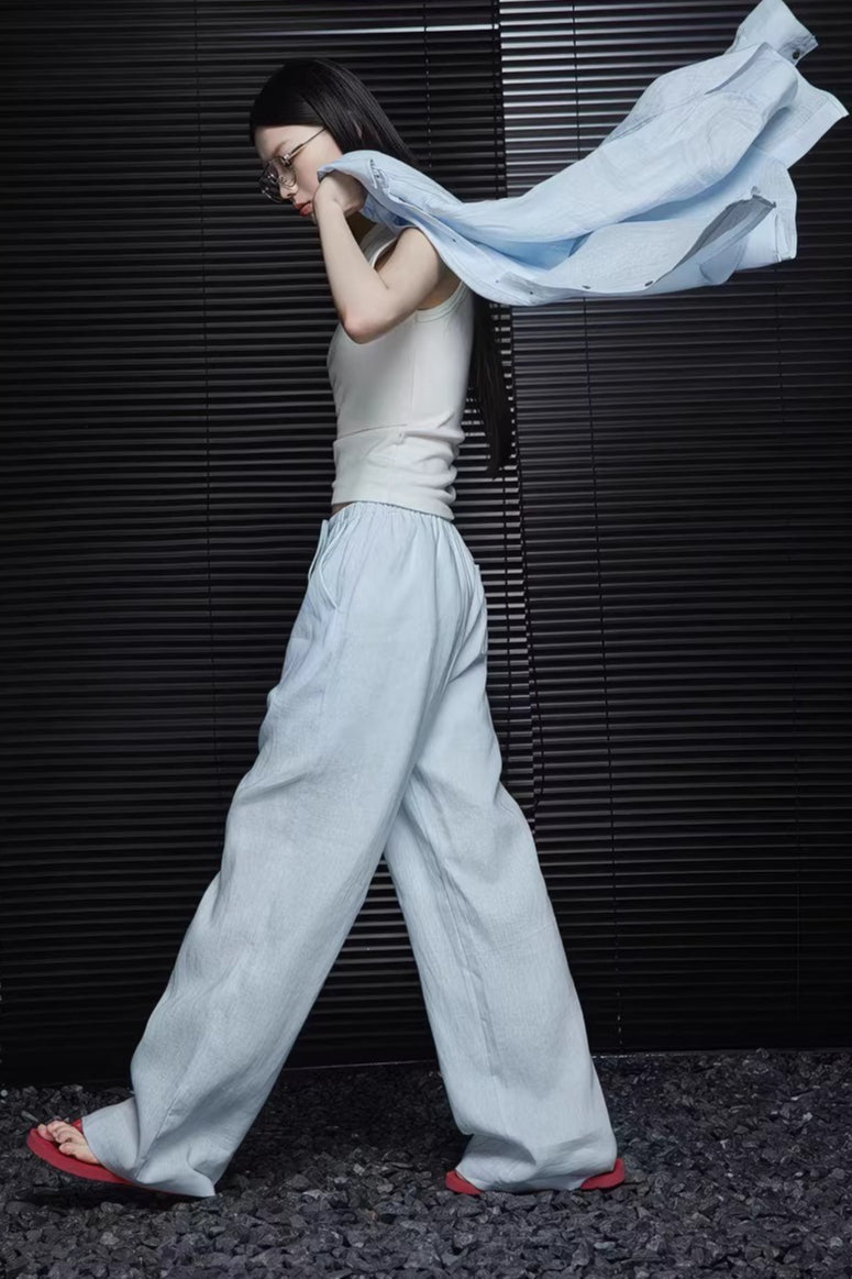 Blue Linen Relaxed High Waist Straight Pants