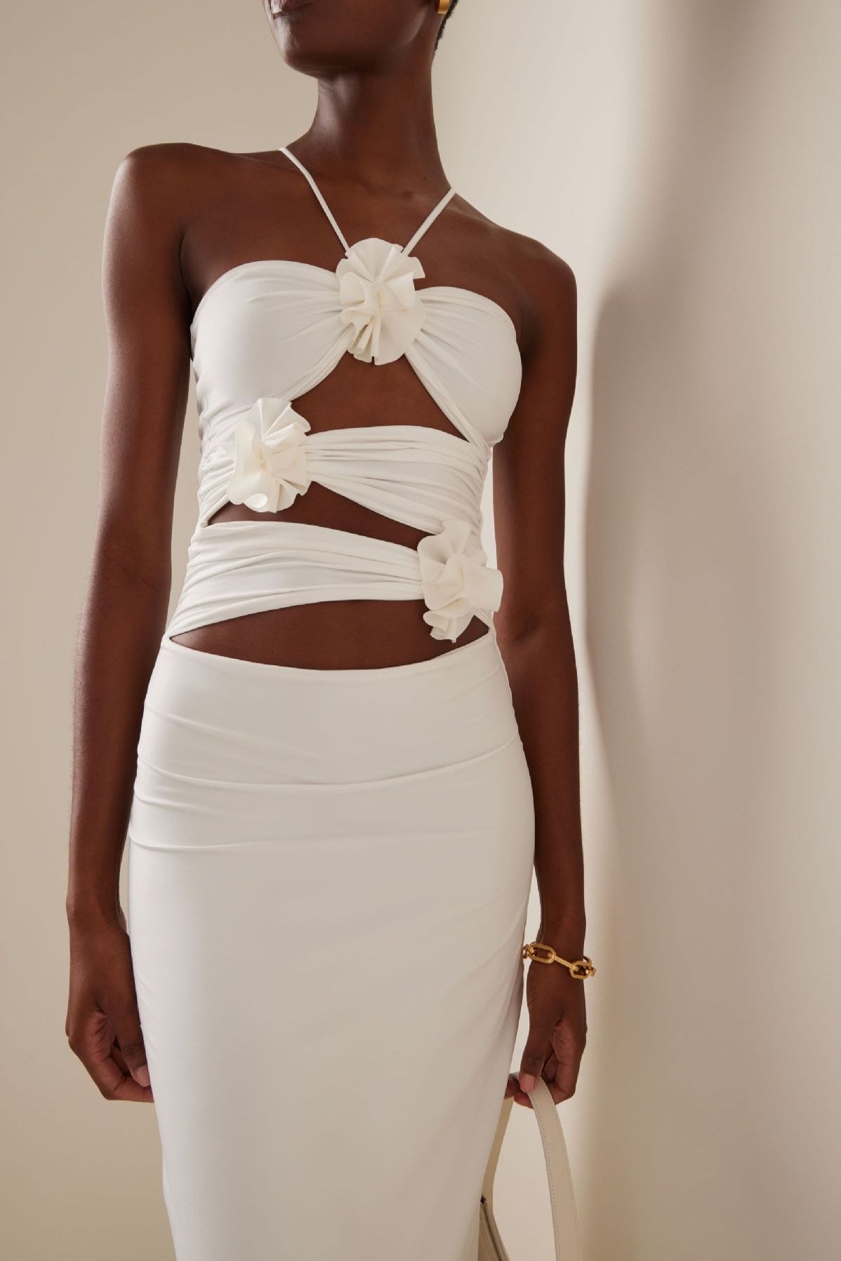 3D Floral Waist Cinch Cutout Halter Maxi Slip Dress
